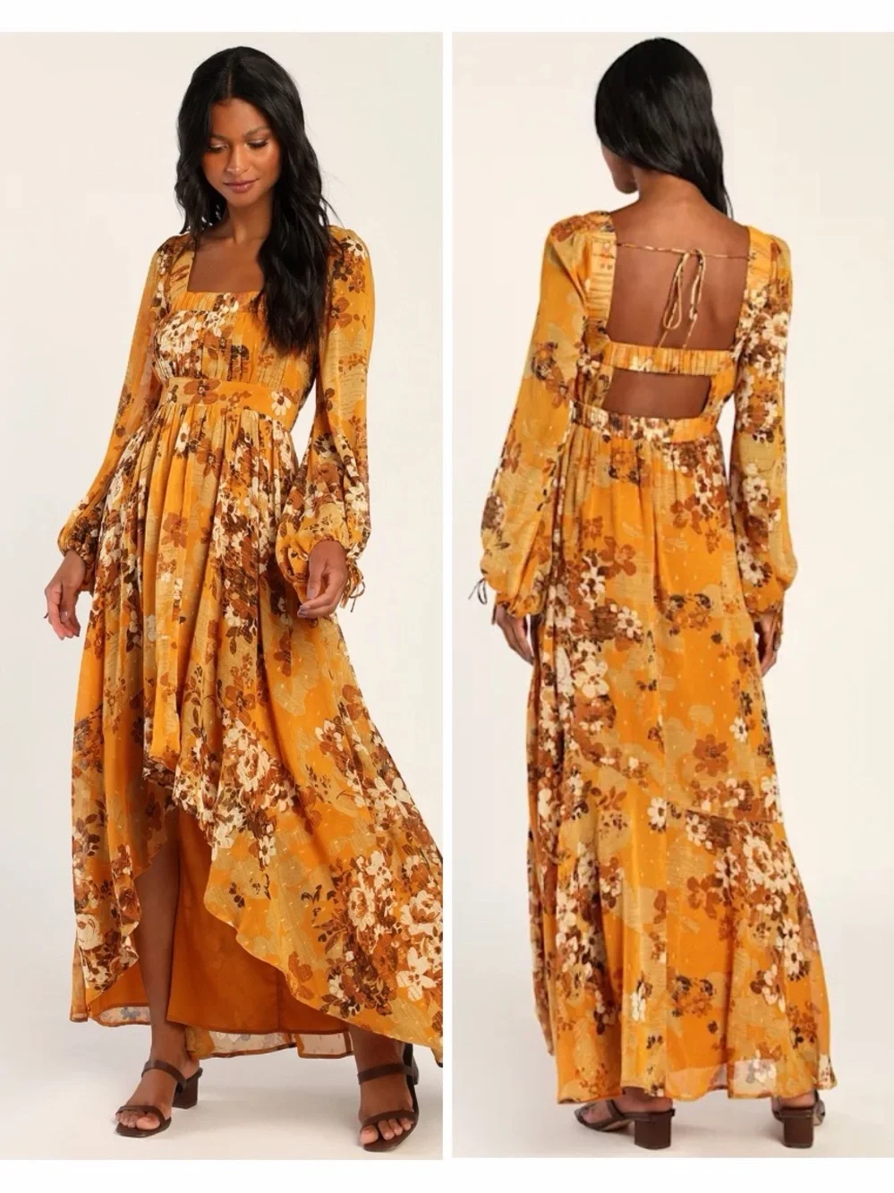 Lulus Gorgeous Vibe Yellow Floral Print High-Low Maxi Dress - Picture 1 of 3
